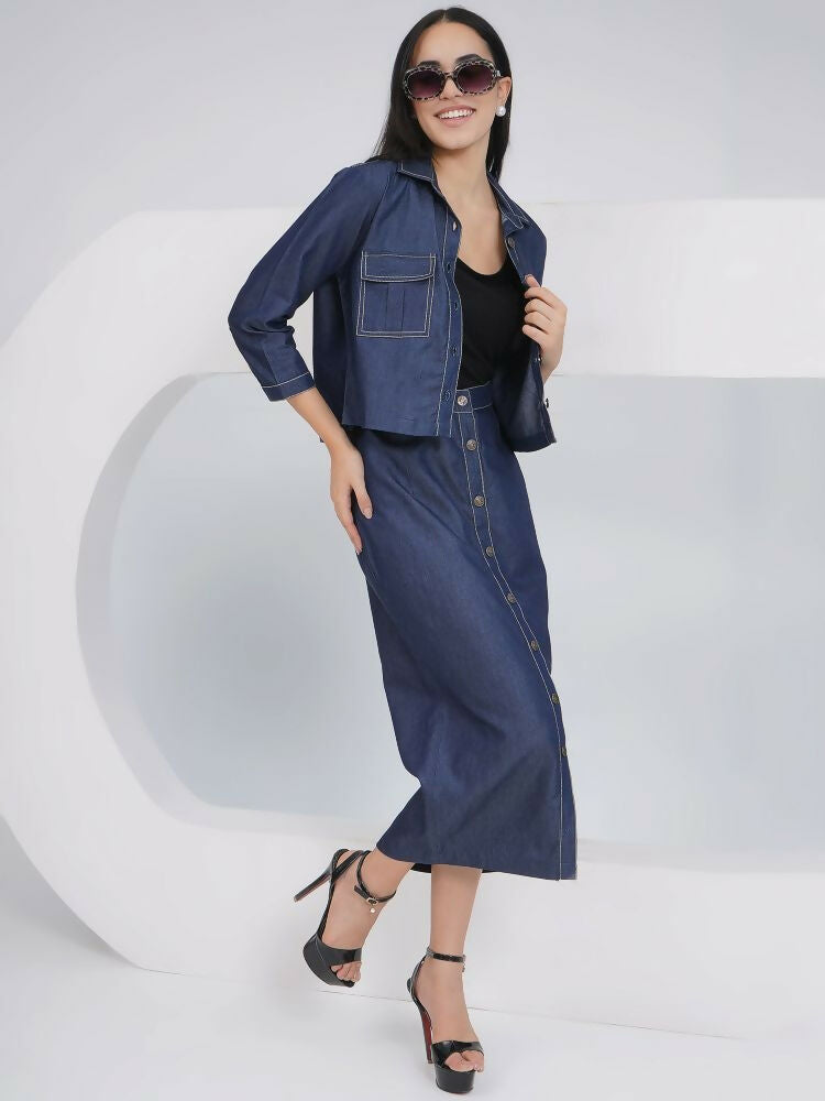 Black Cotton Denim Pencil Skirt Set with Matching Jacket