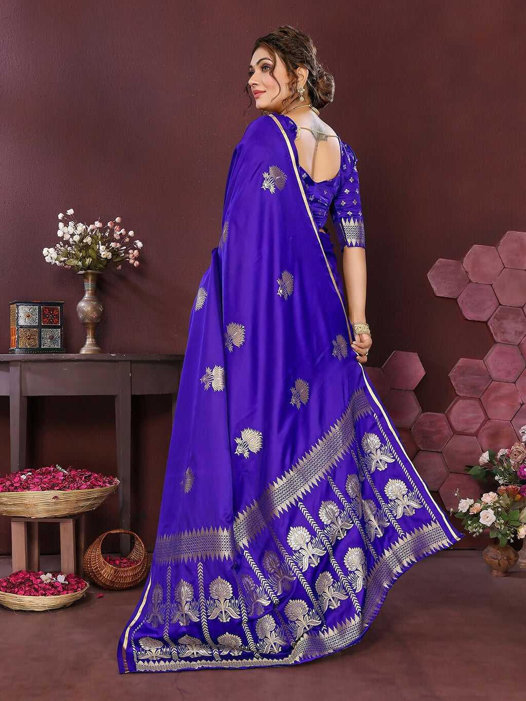 Royal Blue Floral Motif Banarasi Satin Silk Saree for Women