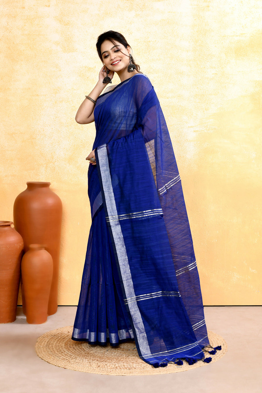 Royal Blue Embellished Cotton Blend Saree with Zari Border