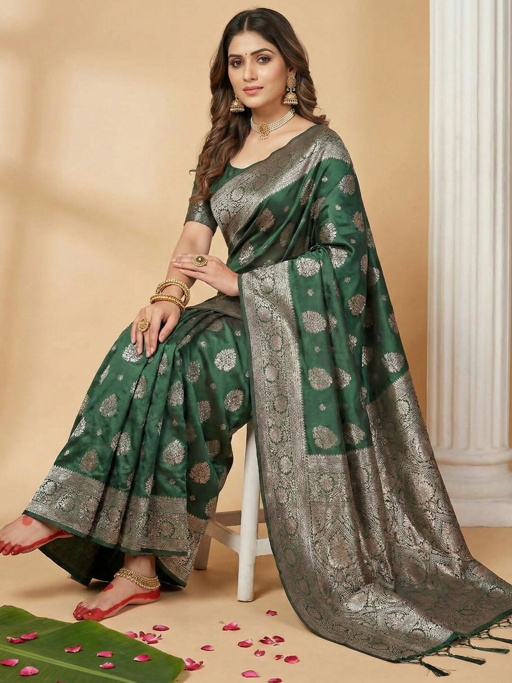 Dark Green Silk Blend Saree with Matching Blouse