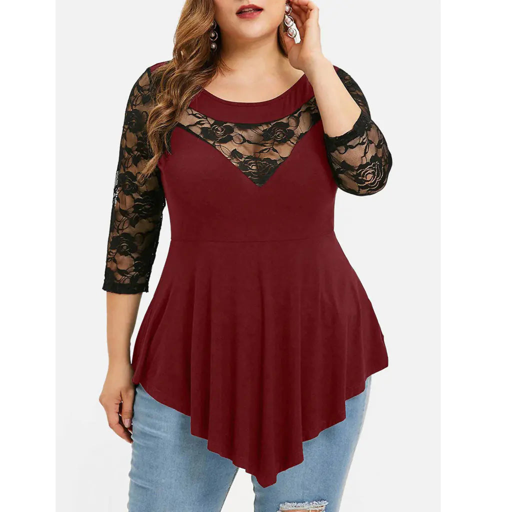 Spring Plus Size Floral Lace Top with Sheer Hem