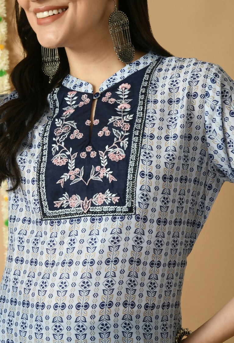 Blue Maslin Kurta Set with Cotton Bottoms - Elegant Ethnic Wear