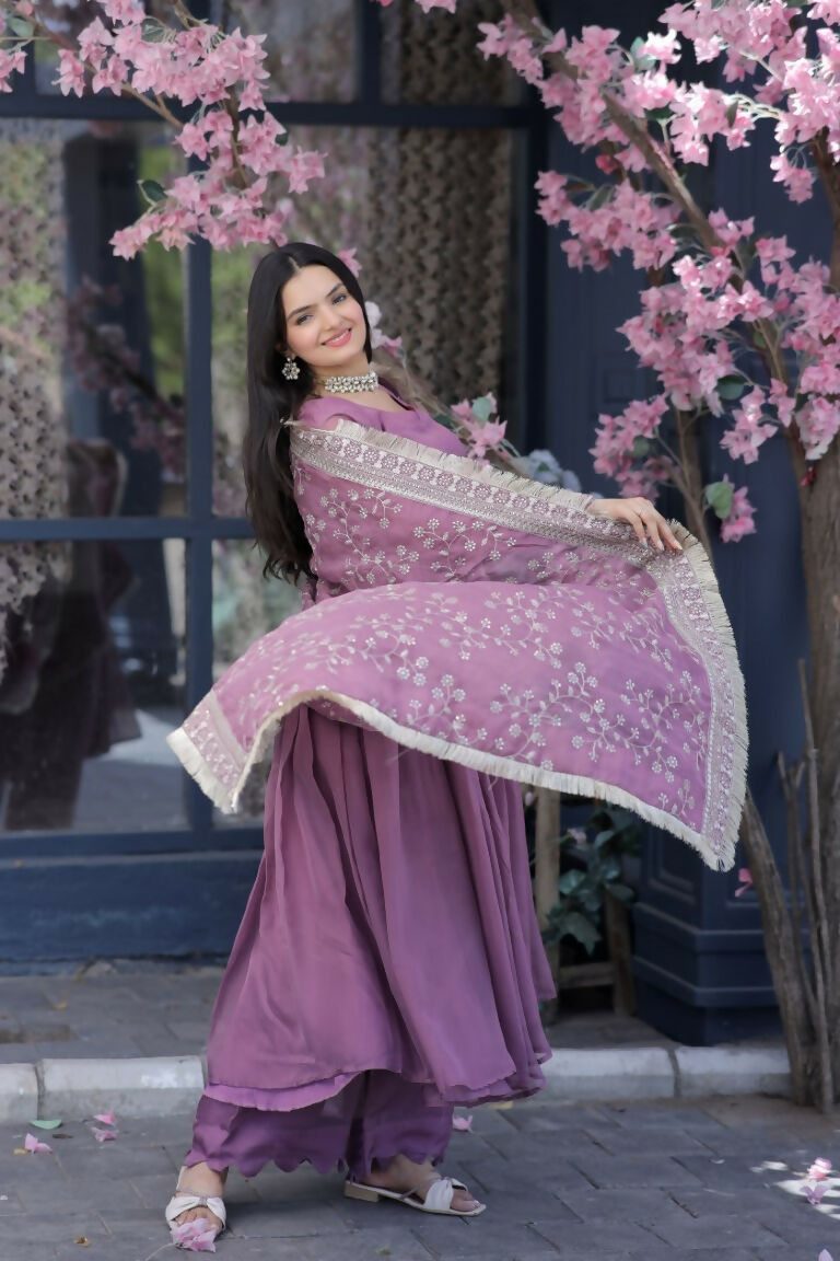 Onion Pink Tabby Silk A-Line Kurta Set with Plazo and Dupatta