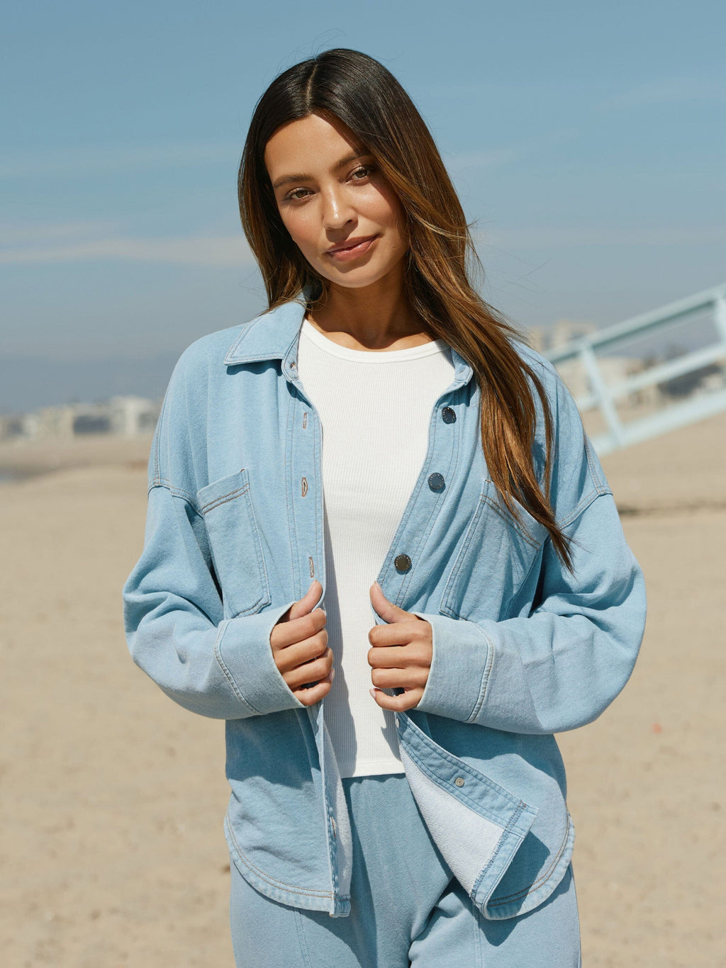 Women's Blaire Denim Terry Button-Down shirt in light denim blue