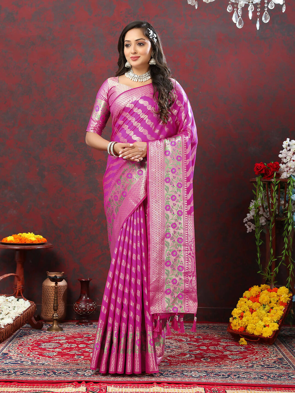 Magenta Leheriya Soft Silk Saree with Zari Weaving