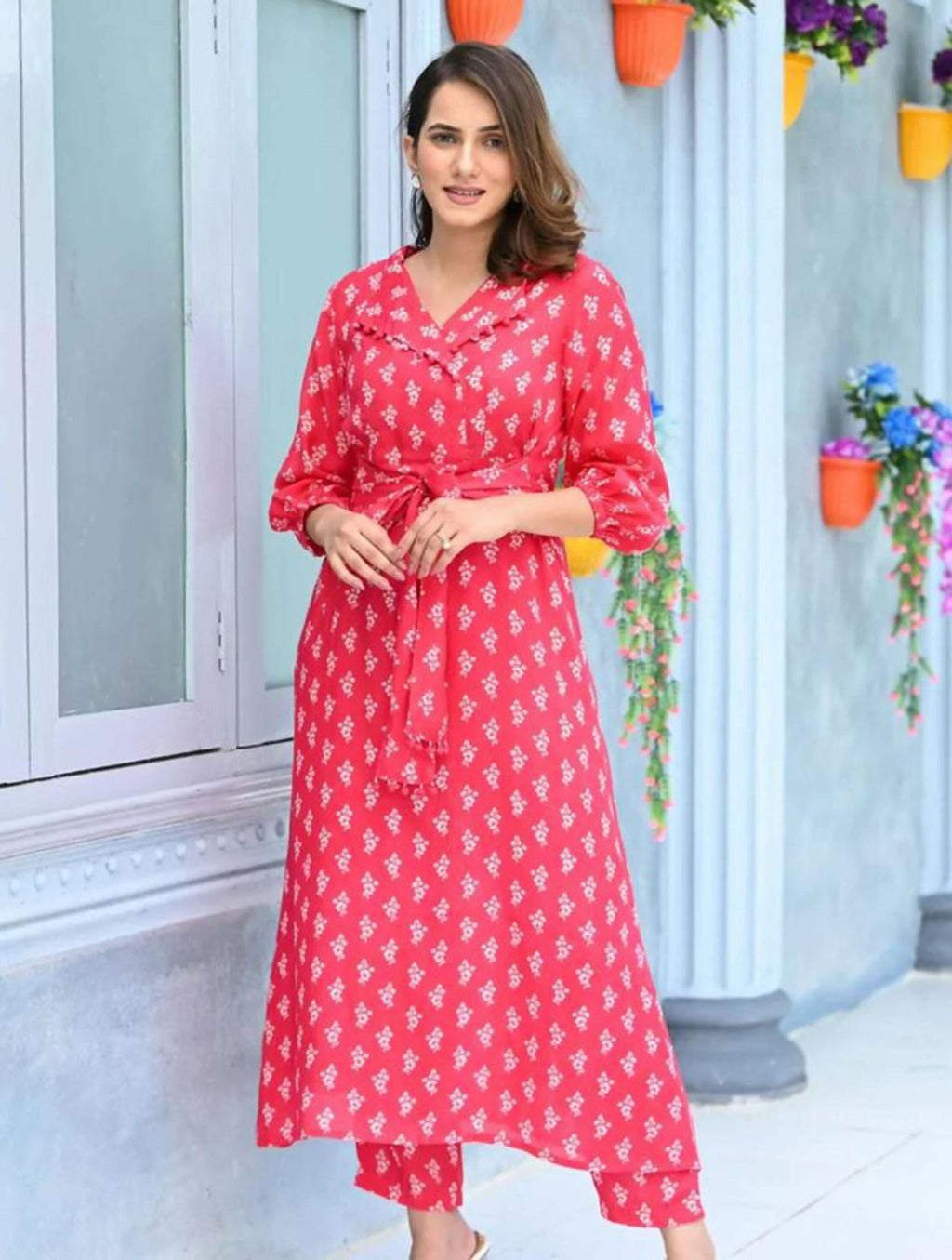 Women's Pink Muslin A-Line Kurta Pant Set with Digital Print