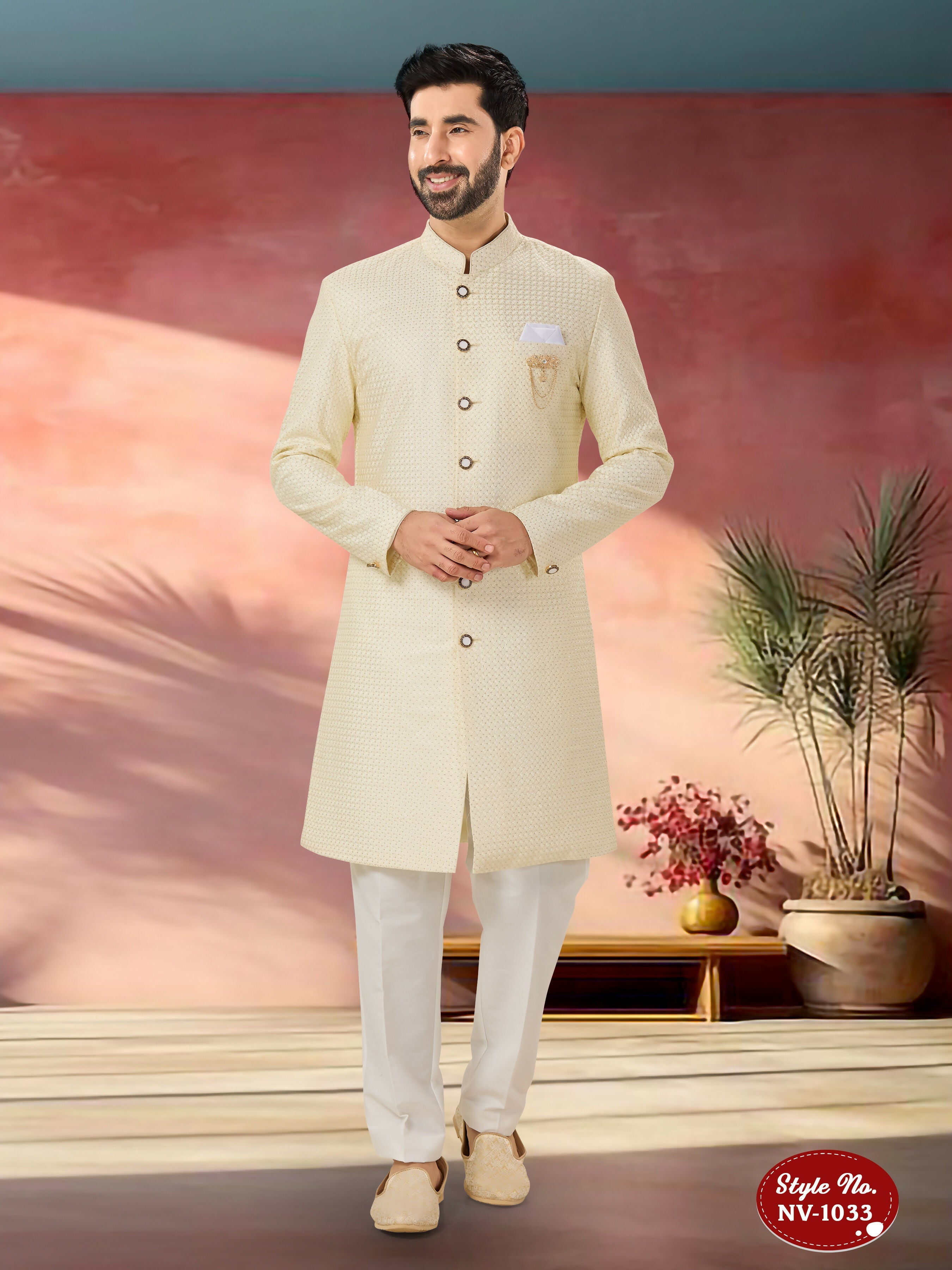 Men's cream silk Indo-Western kurta set with all-over embroidery