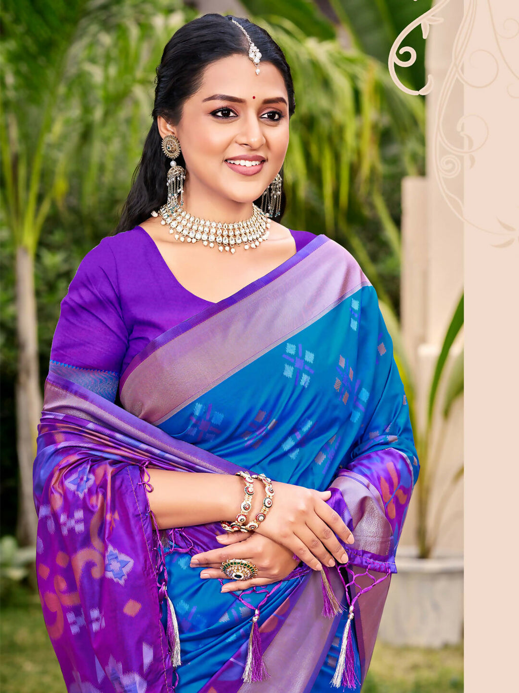 Blue Pochampalli Silk Saree with Purple Blouse Piece