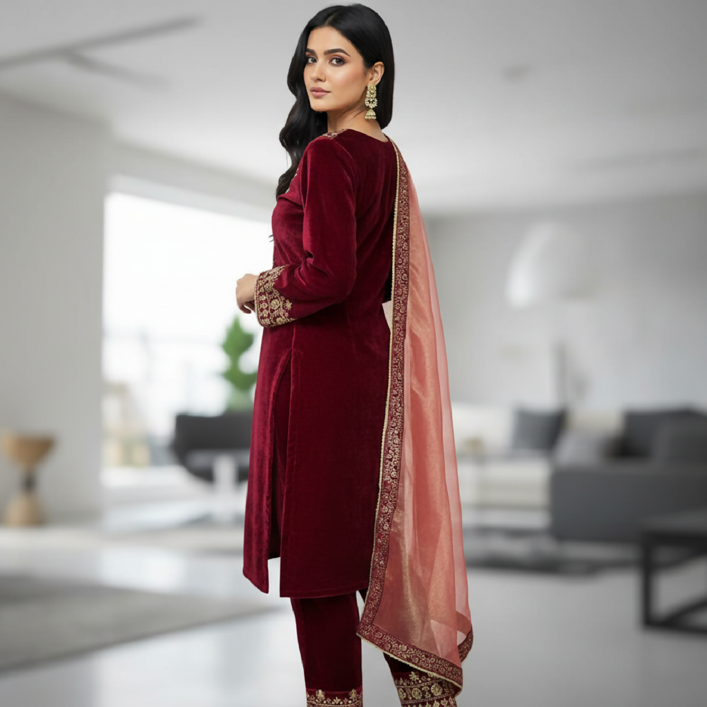 Maroon Velvet Embroidered Sequence Work Readymade Kurta Set