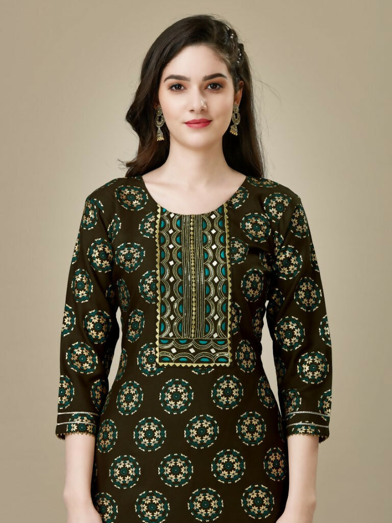 Women's Dark Coffee Rayon Embroidered Calf Length Kurta Pant Set