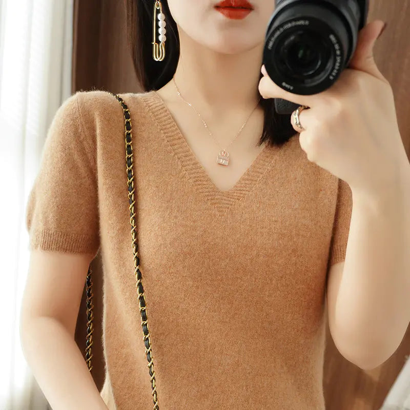 Women's Short Sleeve V-Neck Knit Sweater in Beige - Image 30