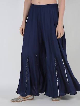 Navy Blue Flared Palazzo Pants with Mirror Lace Work
