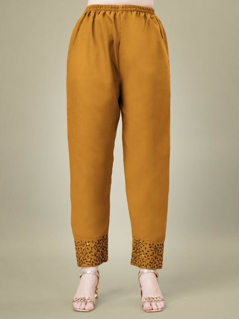 Jyoti Fashion Women's Mustard Cotton Blend Embroidery & Sequence work Kurta with Trouser & Dupatta