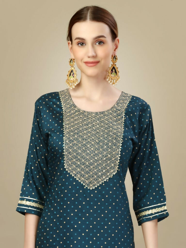 Jyoti Fashion Women's Morpich Silk Blend Embroidery & Sequence work Kurta with Trouser & Dupatta