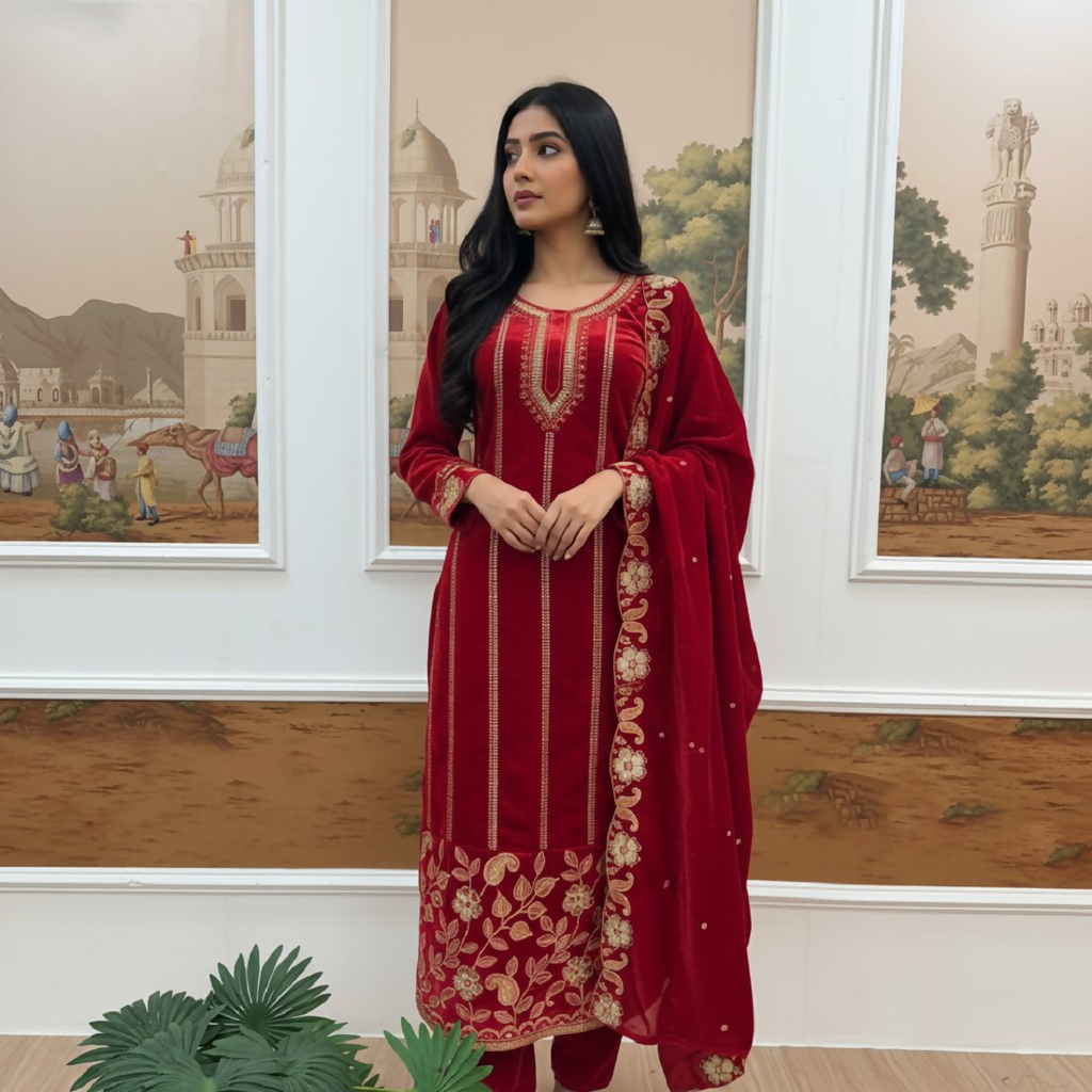 A three-piece red velvet kurta set with intricate embroidery and sequence work details.