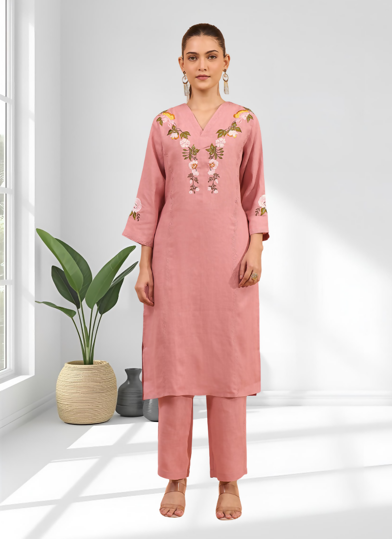 Pink linen long kurta with embroidery and matching pant set for women