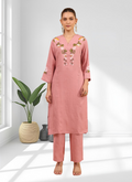 Pink linen long kurta with embroidery and matching pant set for women