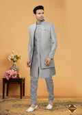 A front view of a grey art silk straight kurta with a Chinese collar paired with matching pyjamas for boys.