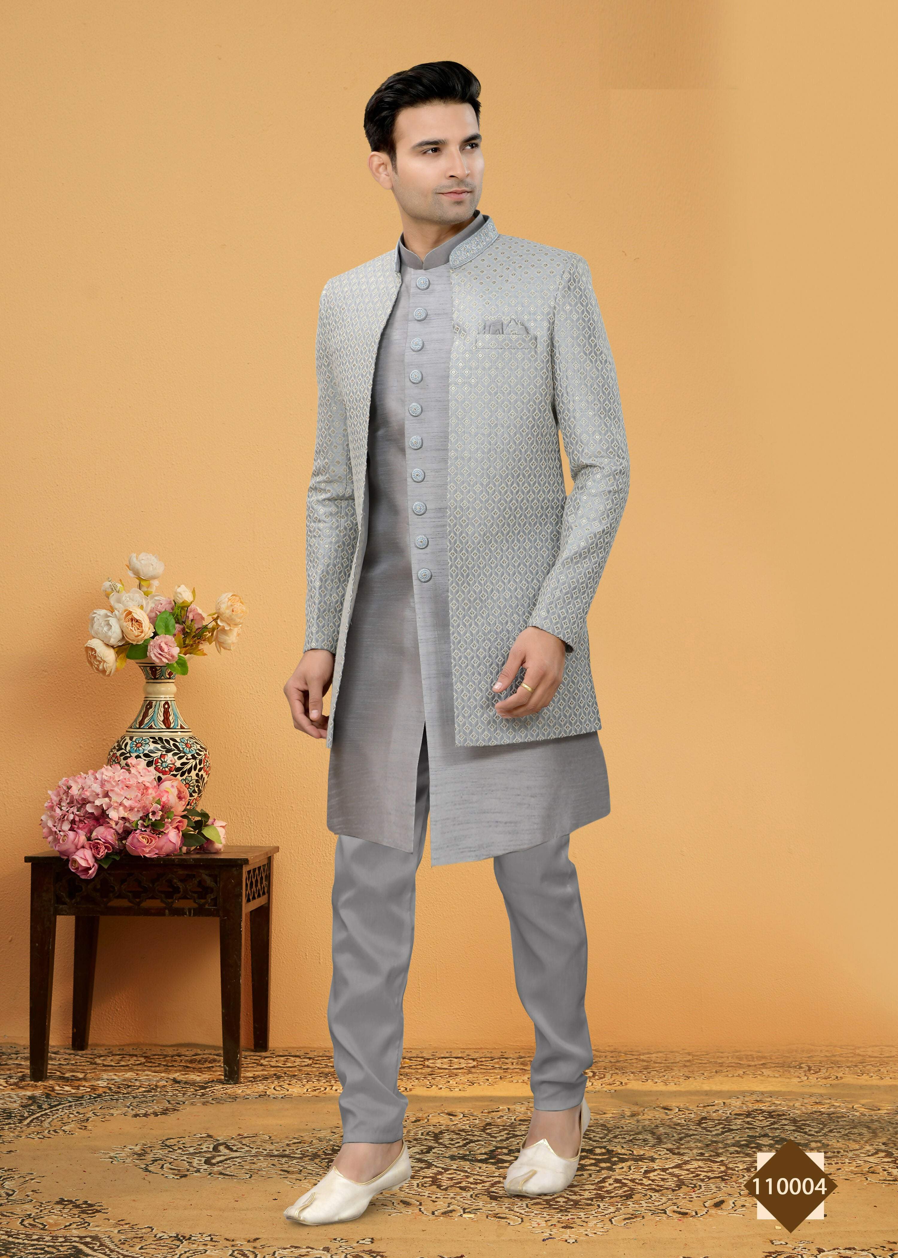 A front view of a grey art silk straight kurta with a Chinese collar paired with matching pyjamas for boys.