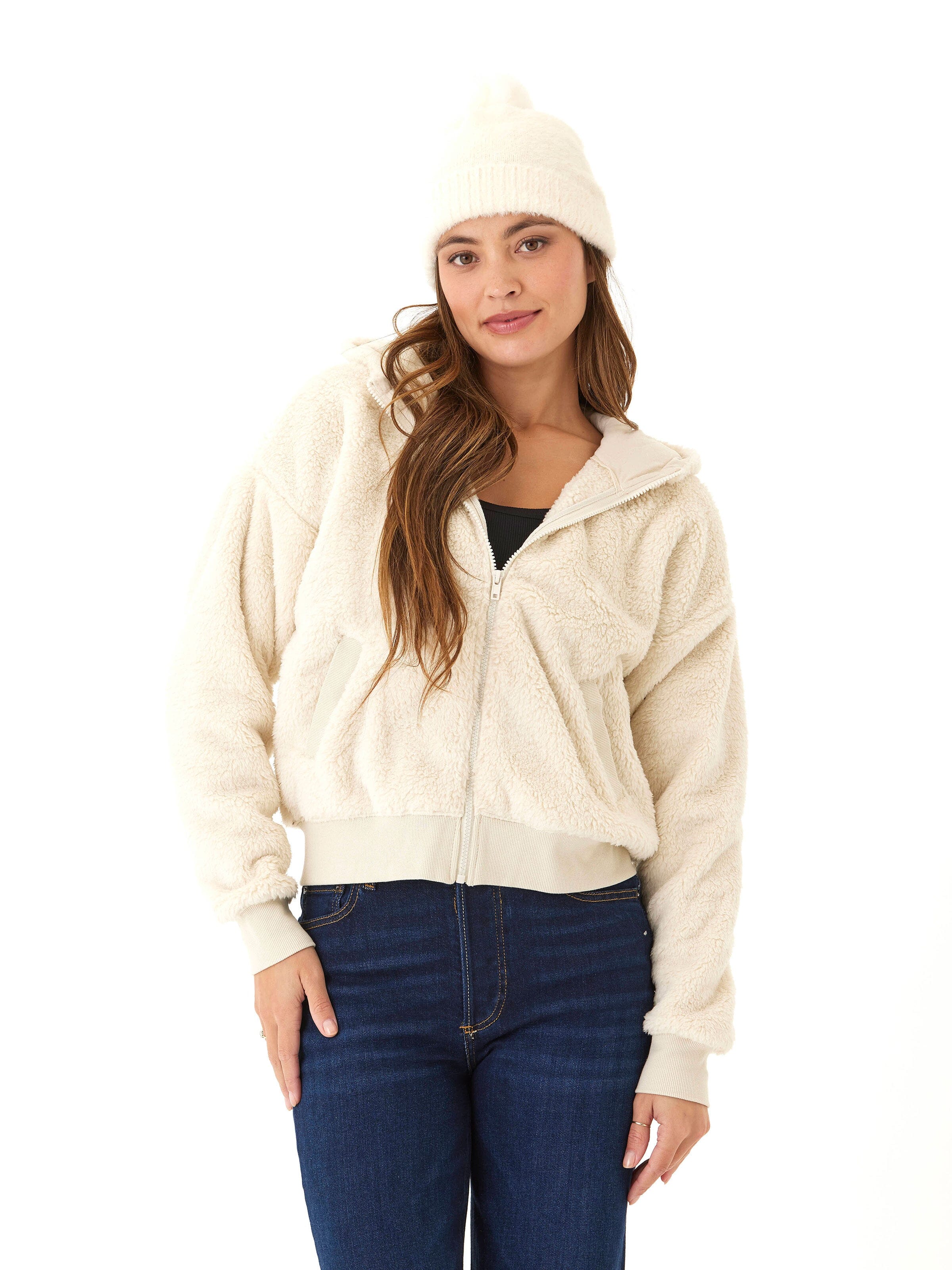 Women's Fuzzy Knit Beanie with Pom Pom - Off-White Winter Hat