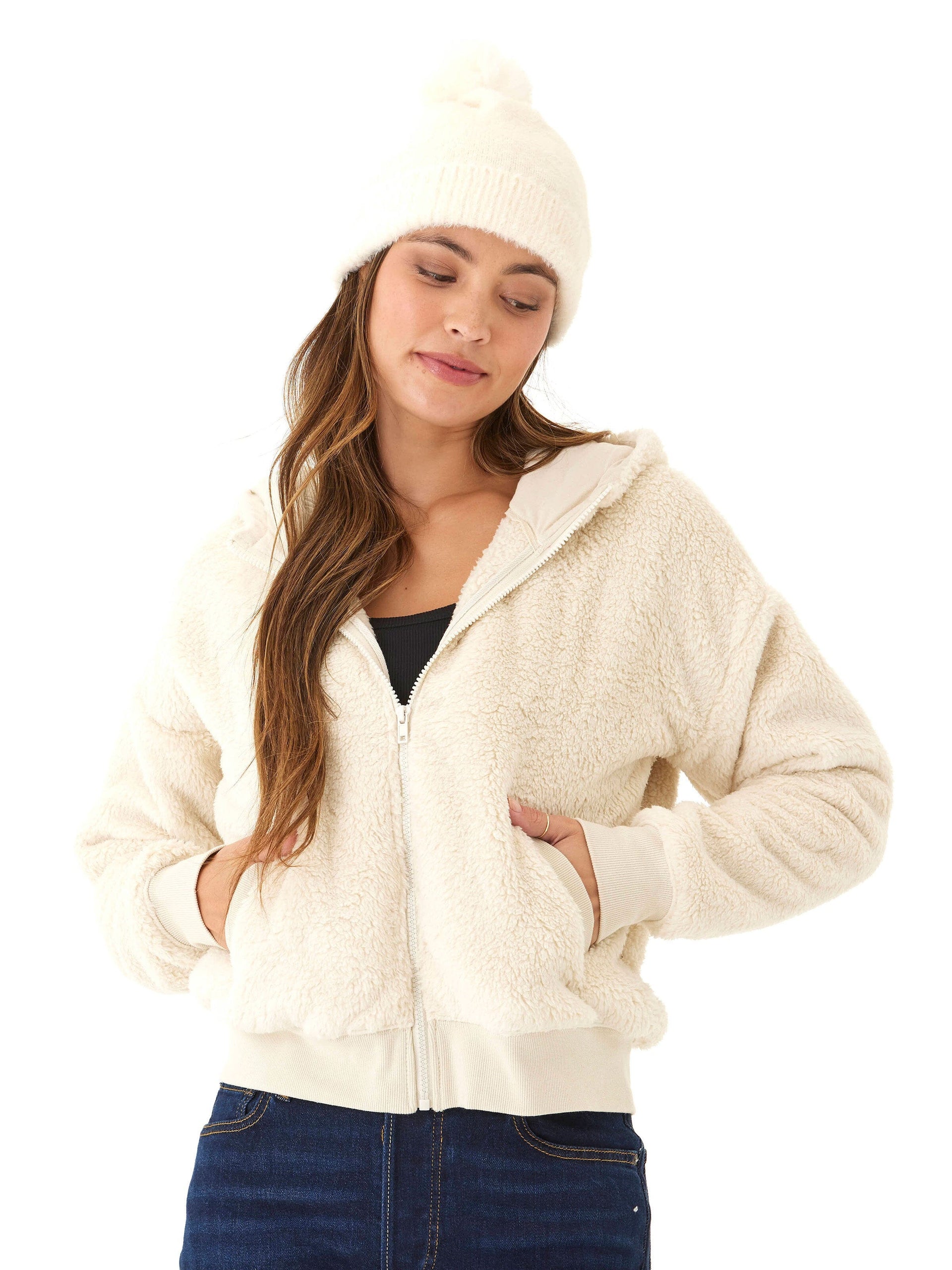 Women's Fuzzy Knit Beanie with Pom Pom - Off-White Winter Hat