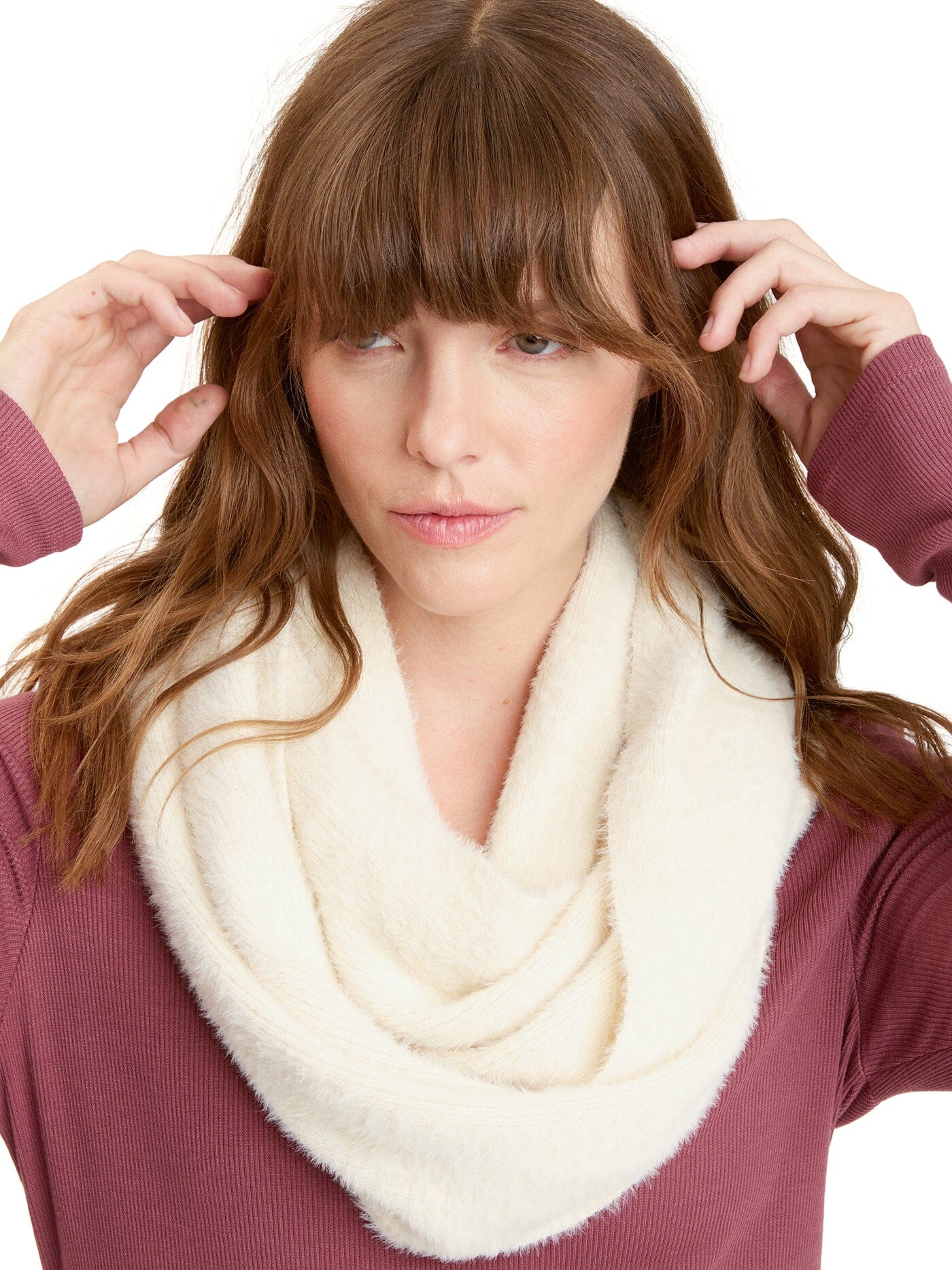 Fuzzy Knit Infinity Scarf in Cream - Soft Minimalist Winter Accessory
