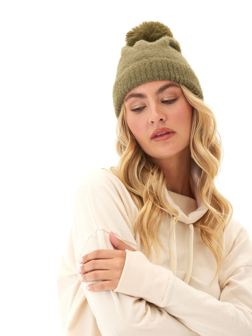 Fuzzy Knit Beanie with Pom Pom Detail - Soft Stretch Winter Hat