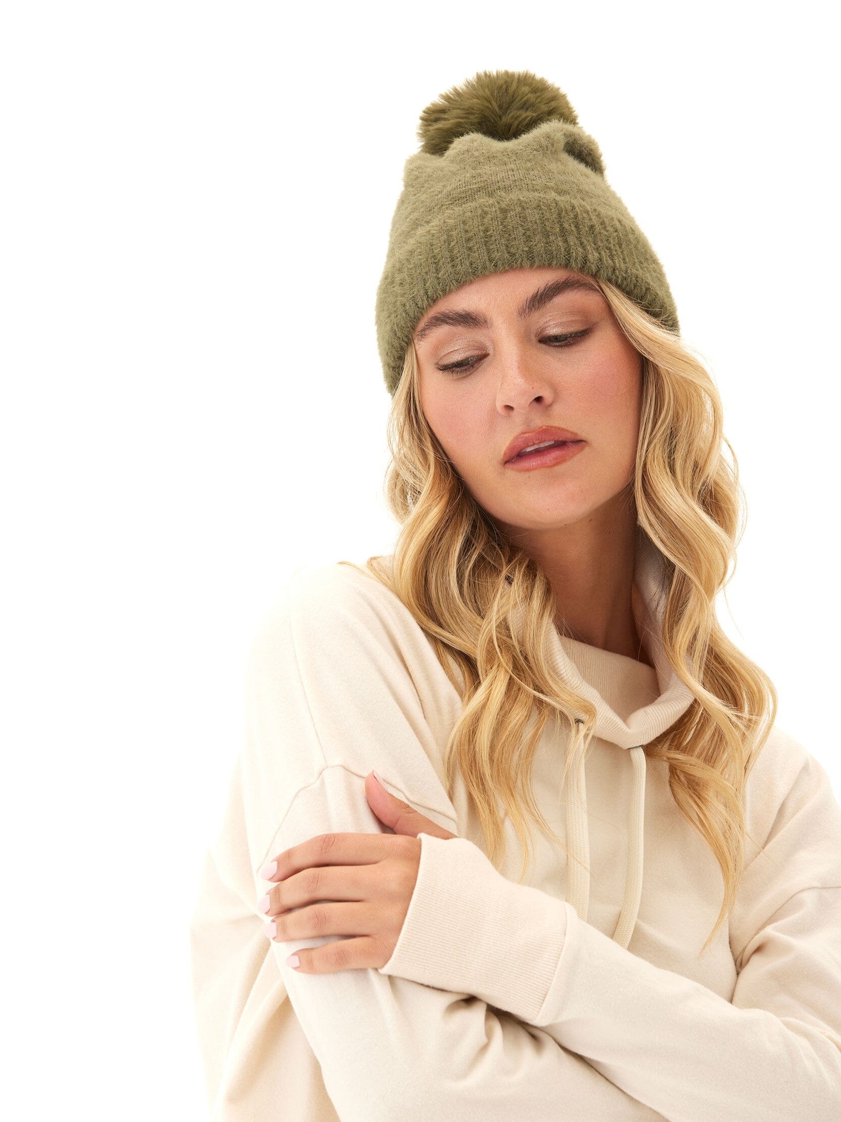 Fuzzy Knit Beanie with Pom Pom Detail - Soft Stretch Winter Hat