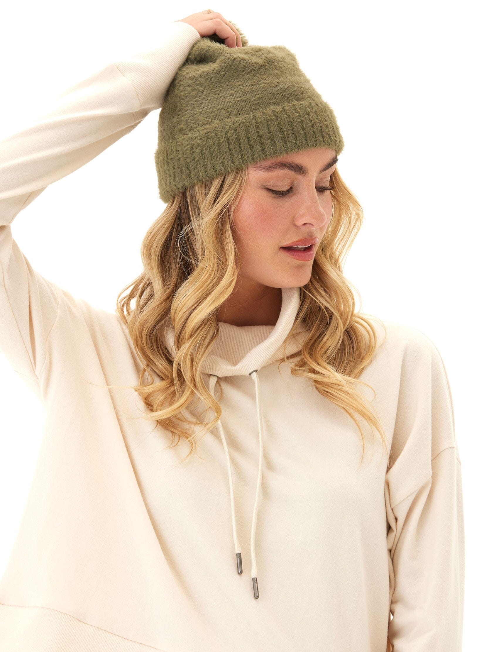 Fuzzy Knit Beanie with Pom Pom Detail - Soft Stretch Winter Hat