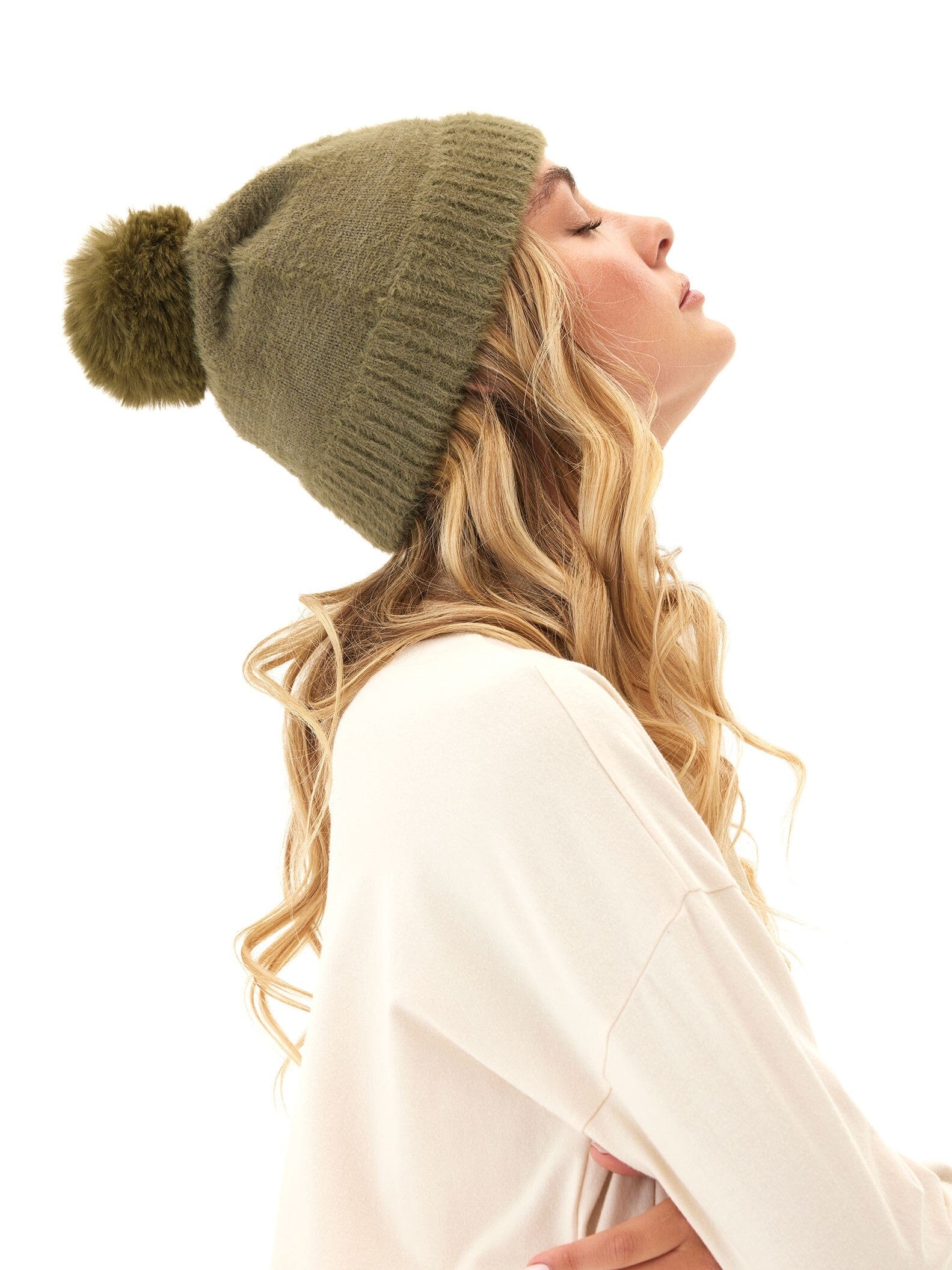 Fuzzy Knit Beanie with Pom Pom Detail - Soft Stretch Winter Hat