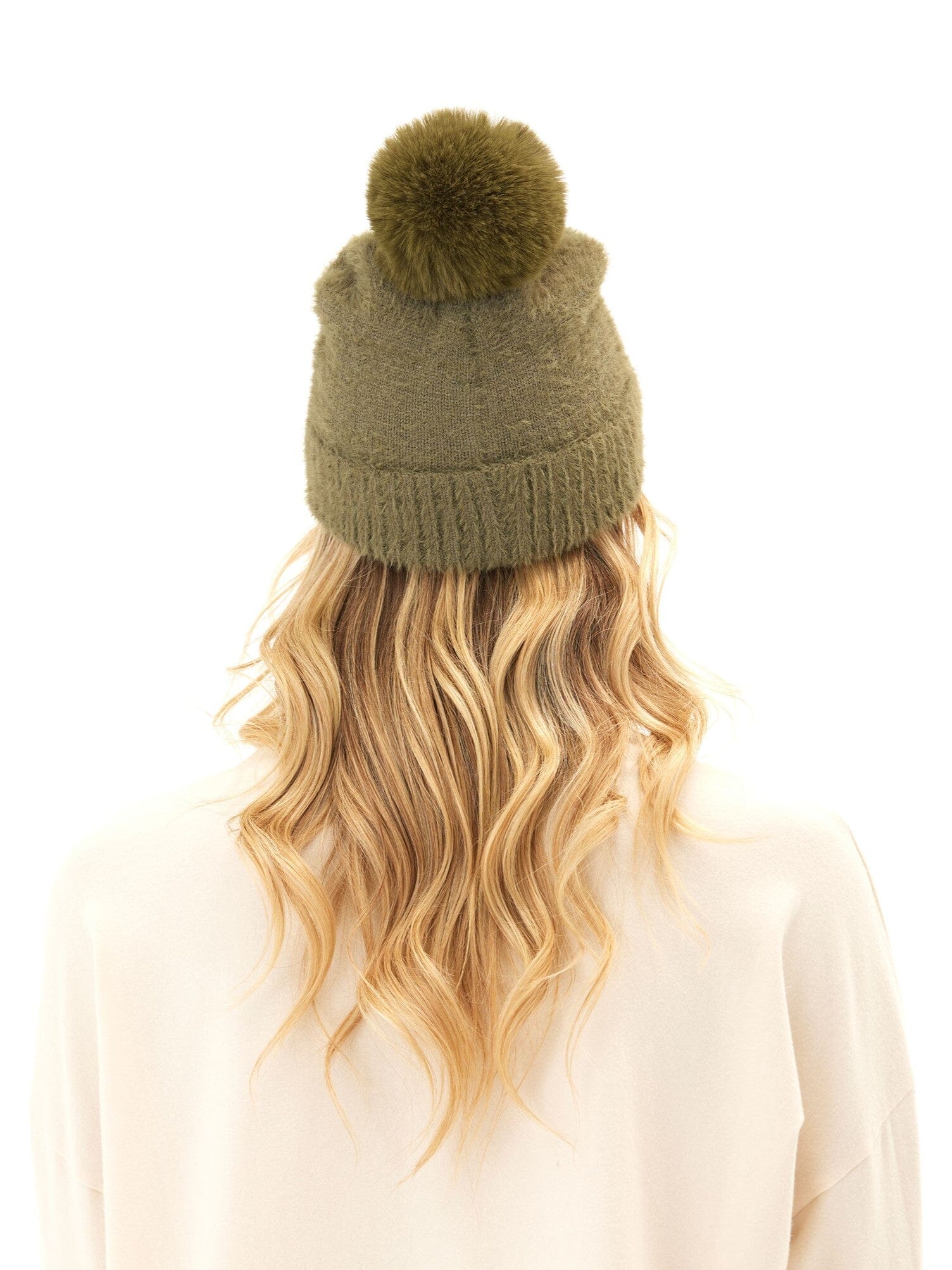 Fuzzy Knit Beanie with Pom Pom Detail - Soft Stretch Winter Hat