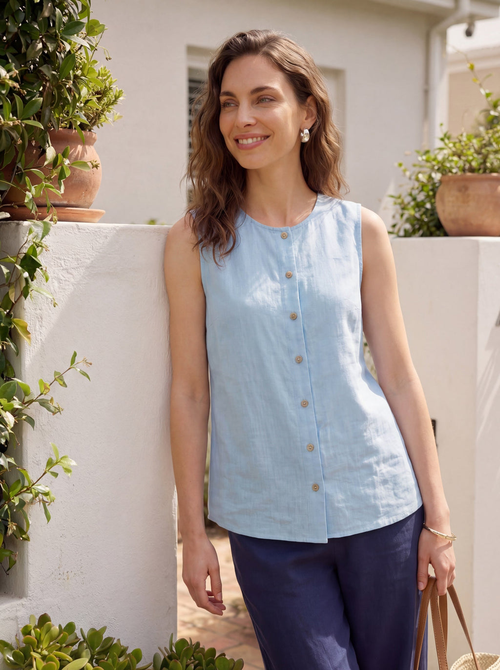 100% Linen Sleeveless Button Down Tank Top for Summer