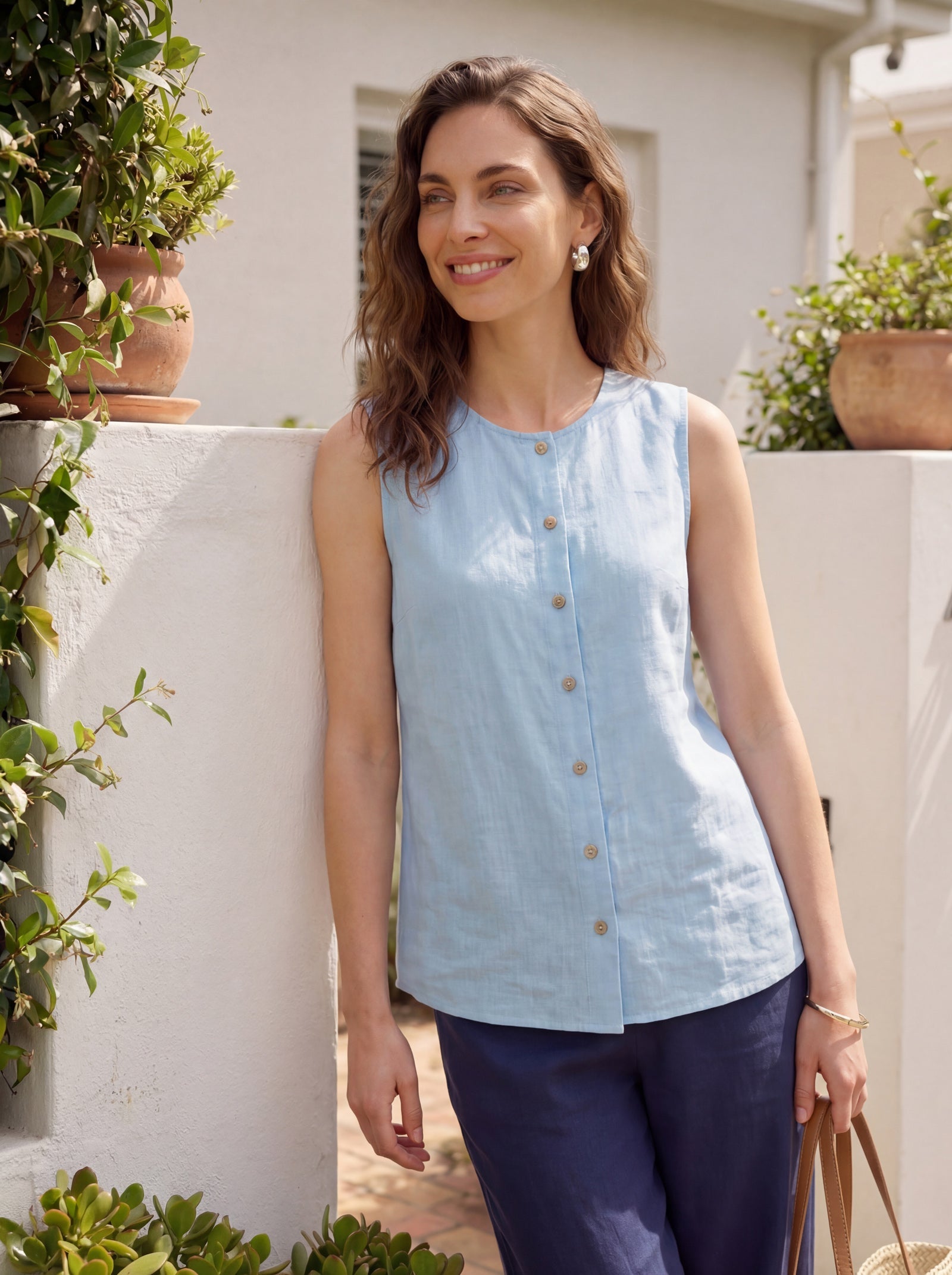 100% Linen Sleeveless Button Down Tank Top for Summer