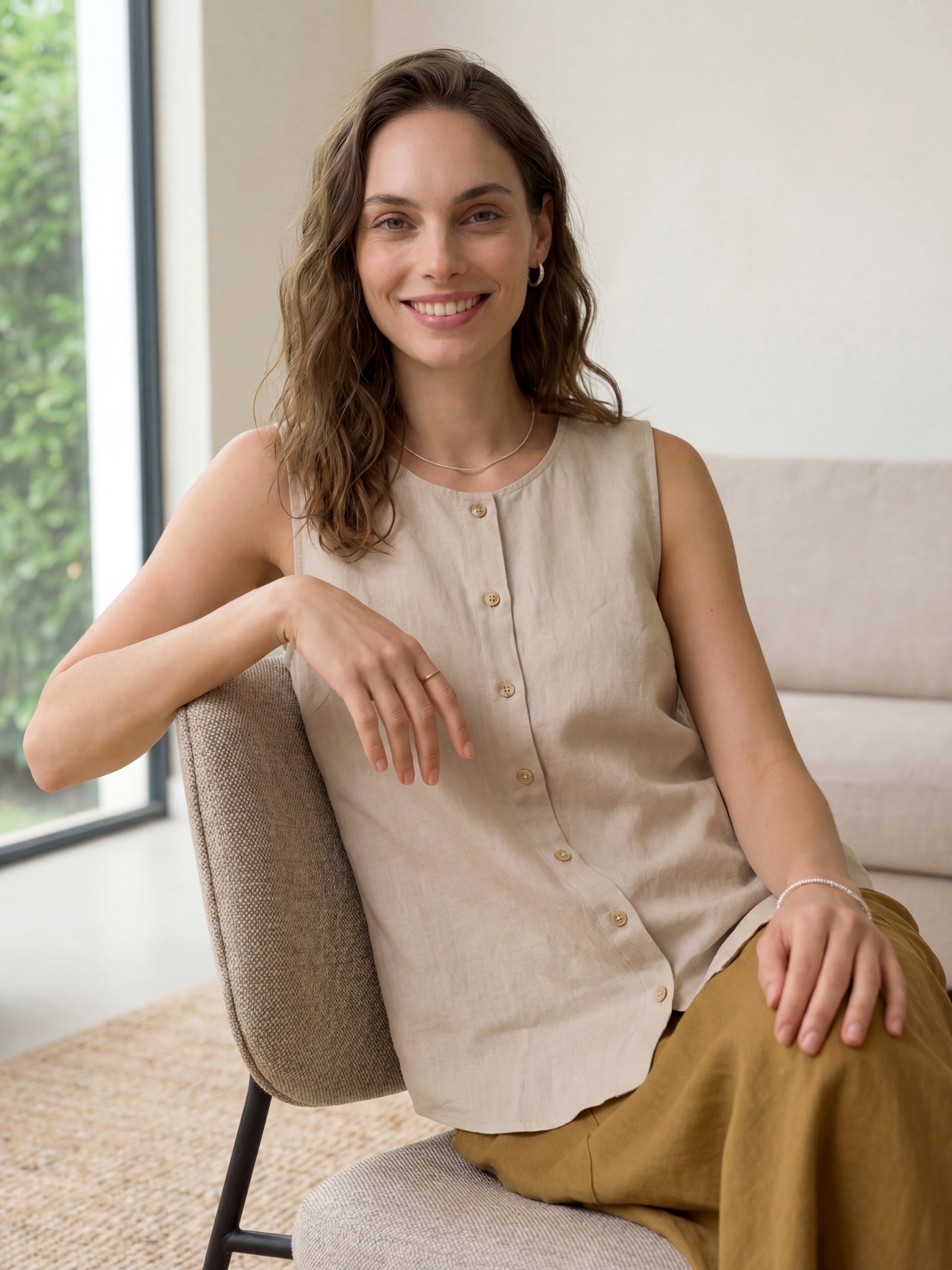 100% Linen Sleeveless Button Down Tank Top for Summer
