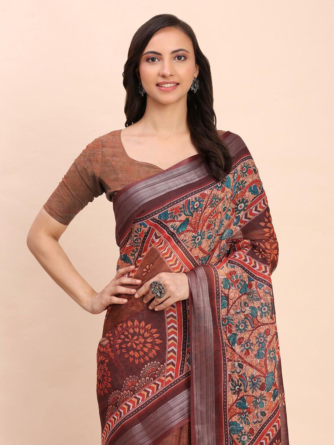 Breathable Brown Linen Cotton Saree with Matching Blouse