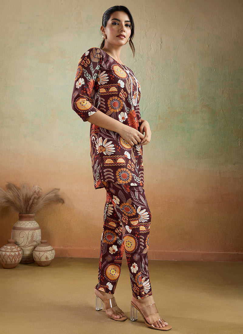 Brown Printed Cotton Rayon Co-Ord Set for Festival & Office Wear