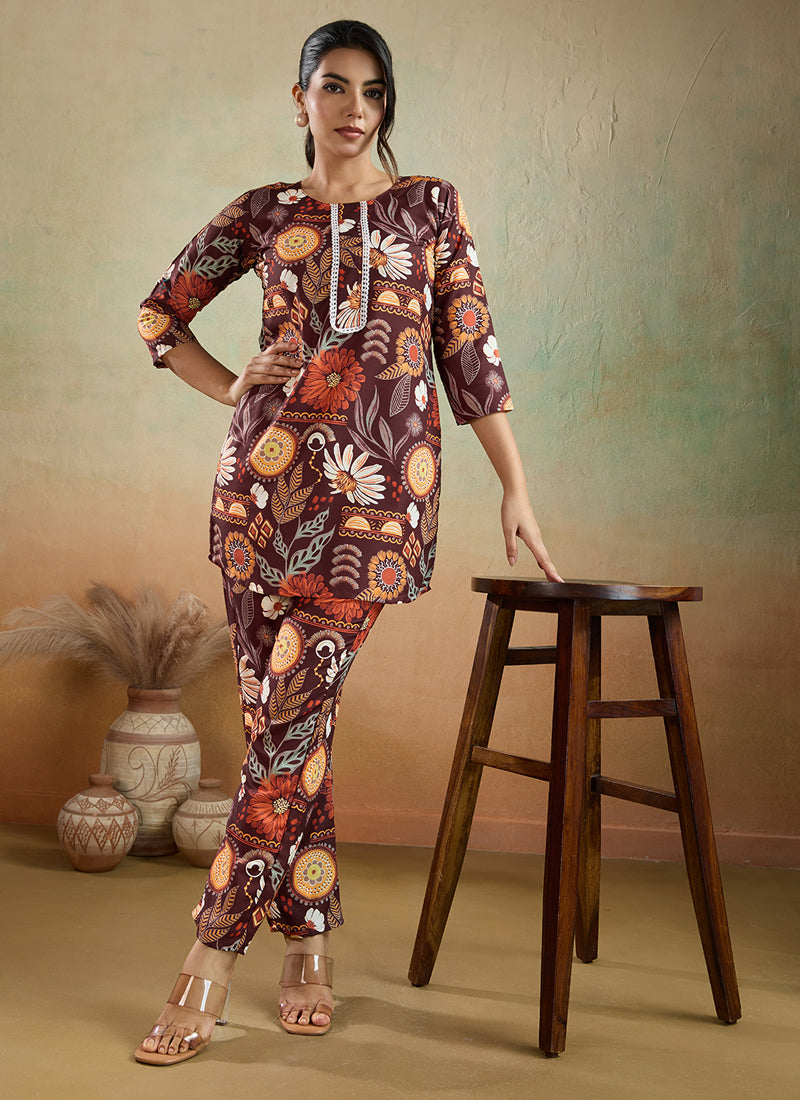 Brown Printed Cotton Rayon Co-Ord Set for Festival & Office Wear