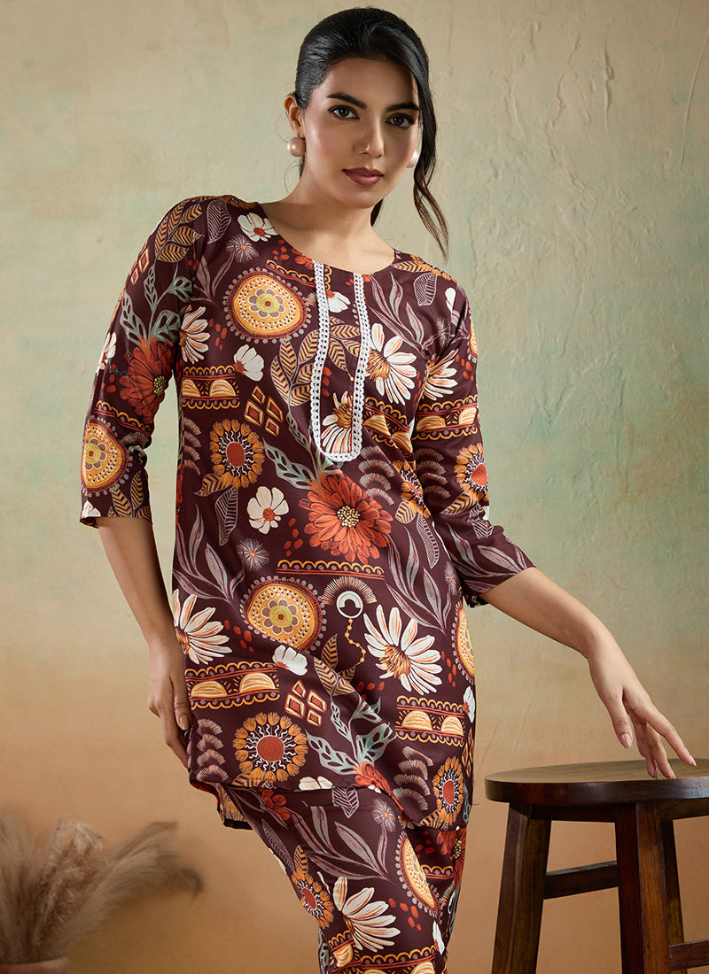 Brown Printed Cotton Rayon Co-Ord Set for Festival & Office Wear