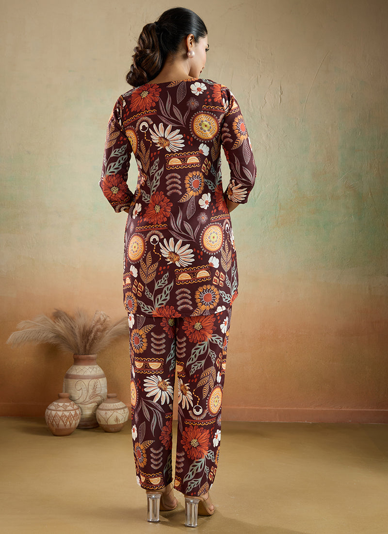 Brown Printed Cotton Rayon Co-Ord Set for Festival & Office Wear
