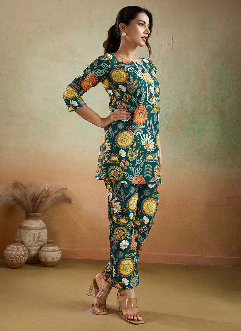Green Printed Cotton Rayon Co-Ord Set