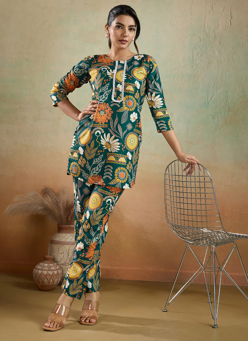 Green Printed Cotton Rayon Co-Ord Set