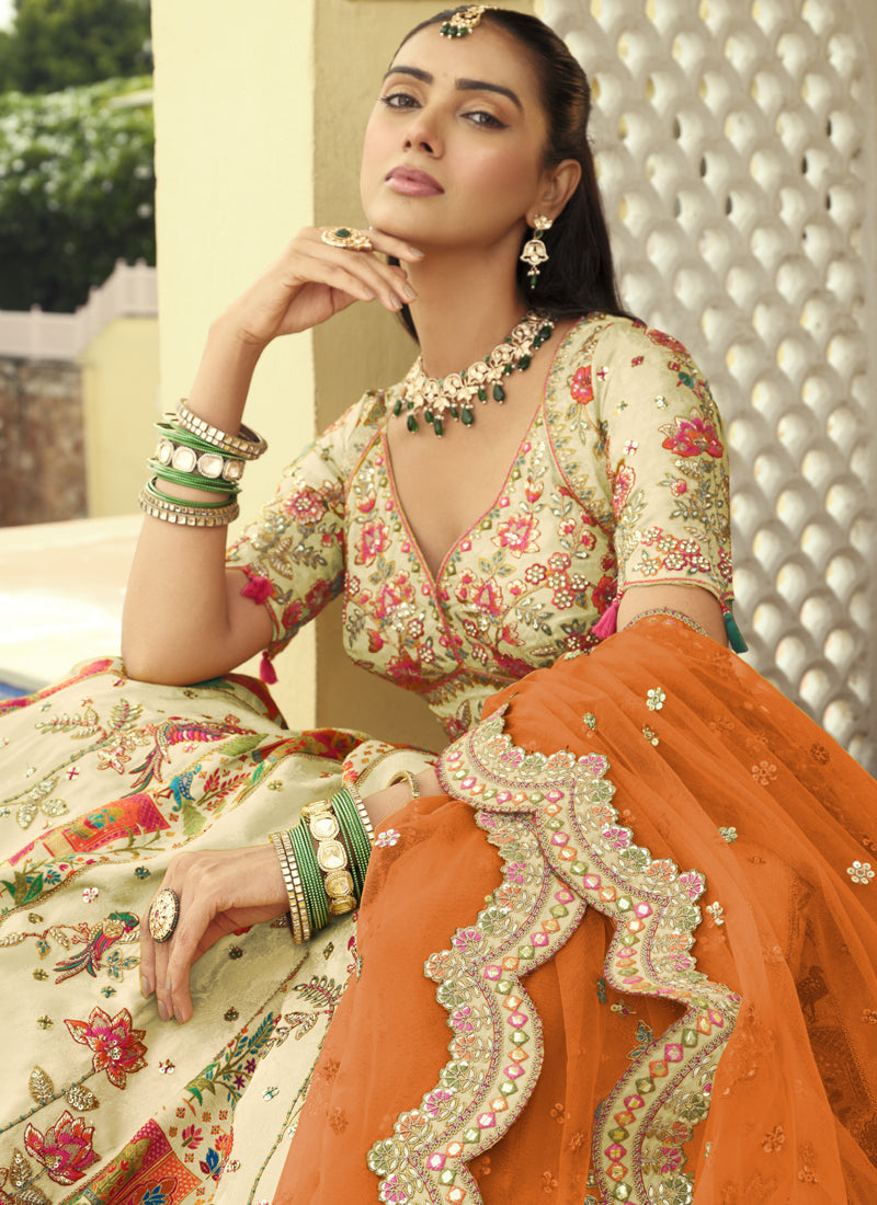 Off White Silk Lehenga Choli with Heavy Embroidery and Mirror Work