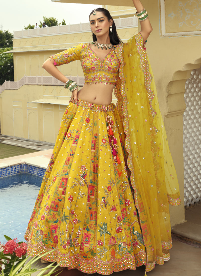 Yellow Silk Lehenga Choli with Embroidered Art Mirror Work