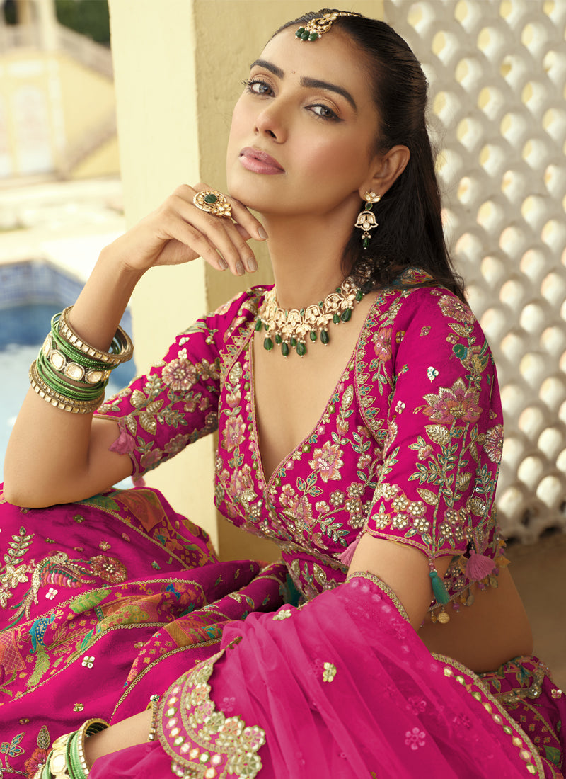 Rani Pink Silk Lehenga Choli with Embroidery & Art Mirror Work