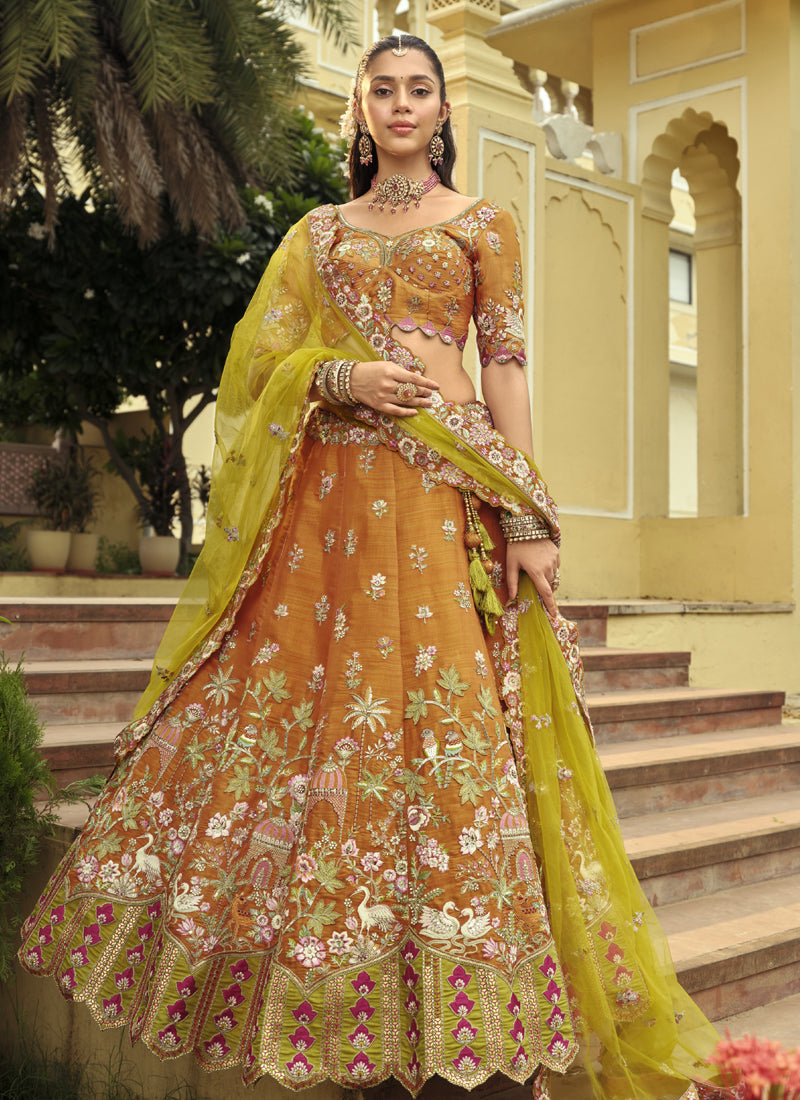 Mustard Silk Embroidered Lehenga Choli with Art Mirror Work