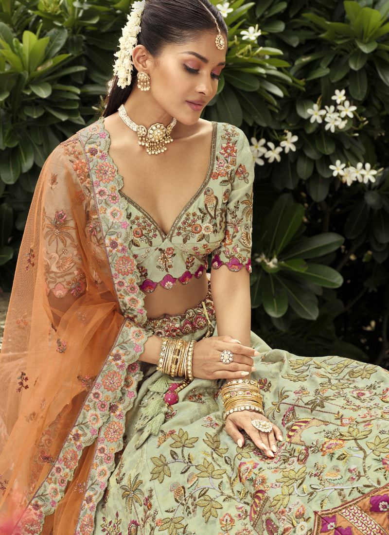 Sea Green Silk Lehenga Choli with Heavy Embroidery and Mirror Work