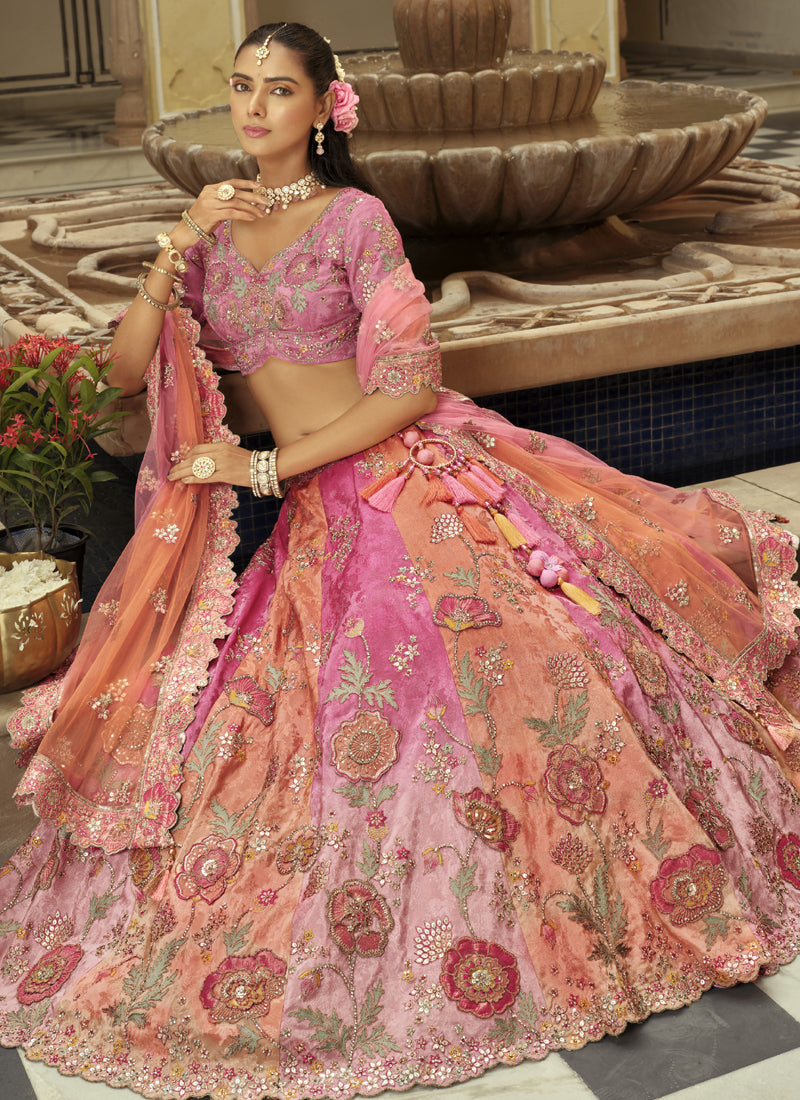 Peach Silk Embroidered Lehenga Choli with Art Mirror Work
