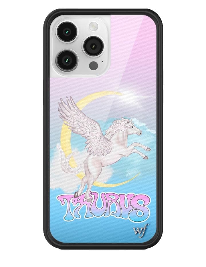 Taurus zodiac themed iPhone case featuring a white pegasus, yellow crescent moon, and pink typography on a baby blue sky background with a black protective bumper.