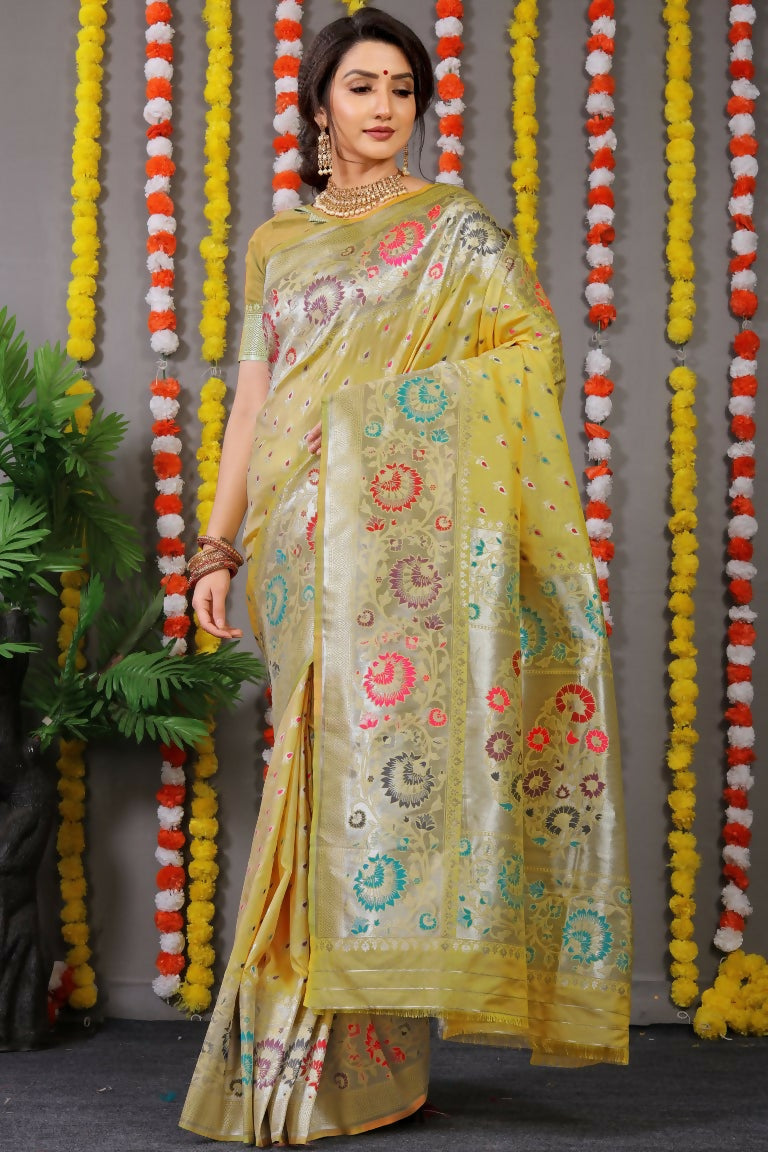 Elegant Mehndi Banarasi Silk saree with intricate zari weaving and matching blouse