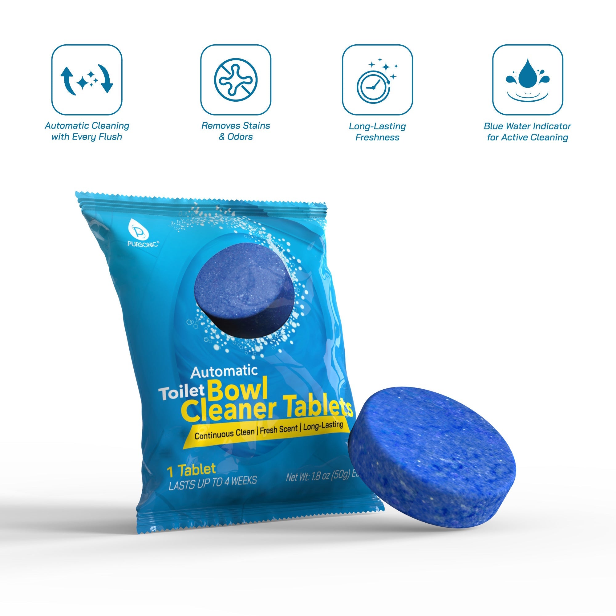 Pursonic Automatic Toilet Bowl Cleaner Tablets | Stain & Odor Removal, Long-Lasting Freshness, Blue Water Indicator